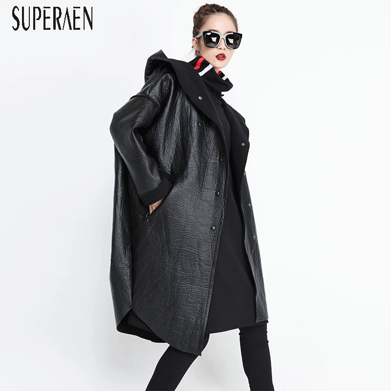 

SuperAen 2019 Autumn and Winter New Leather Trench Coat for Women Irregular Velvet Wild Hooded Windbreaker Female