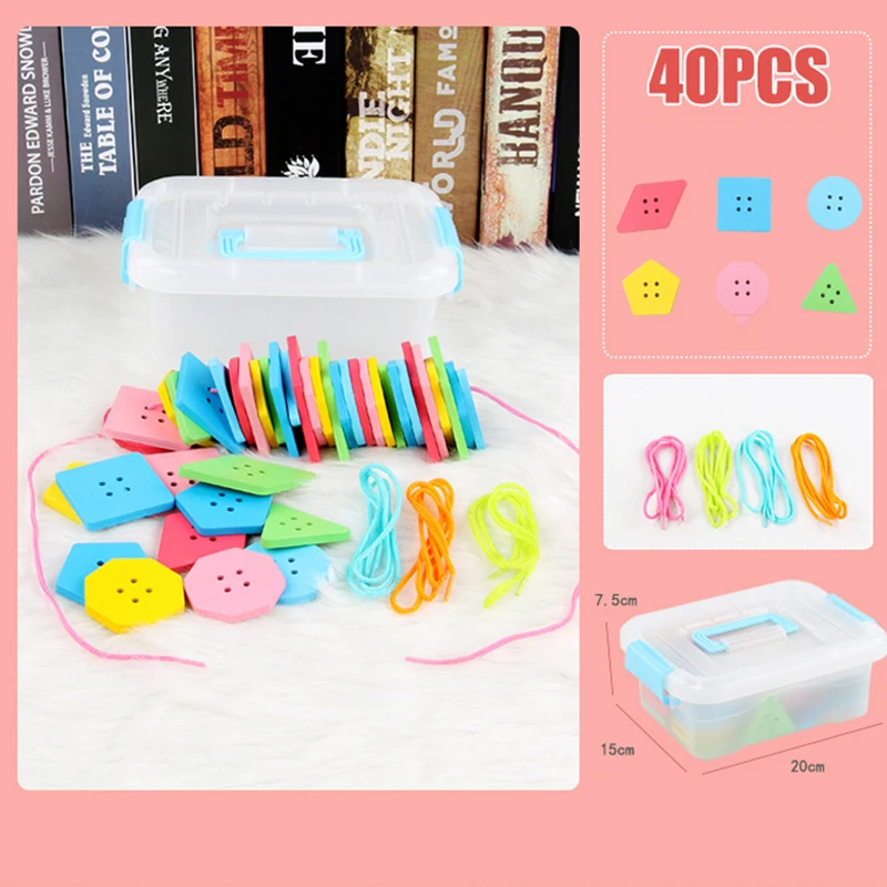 40pcs 40-120 шт Детские деревянные бусины, набор игрушек, сделай сам, шнуровка, доска, пуговицы, шнуровка, нанизывание, BeadsToy, Детские резные бусины, игра Монтессори, игрушка - Цвет: 40pcs