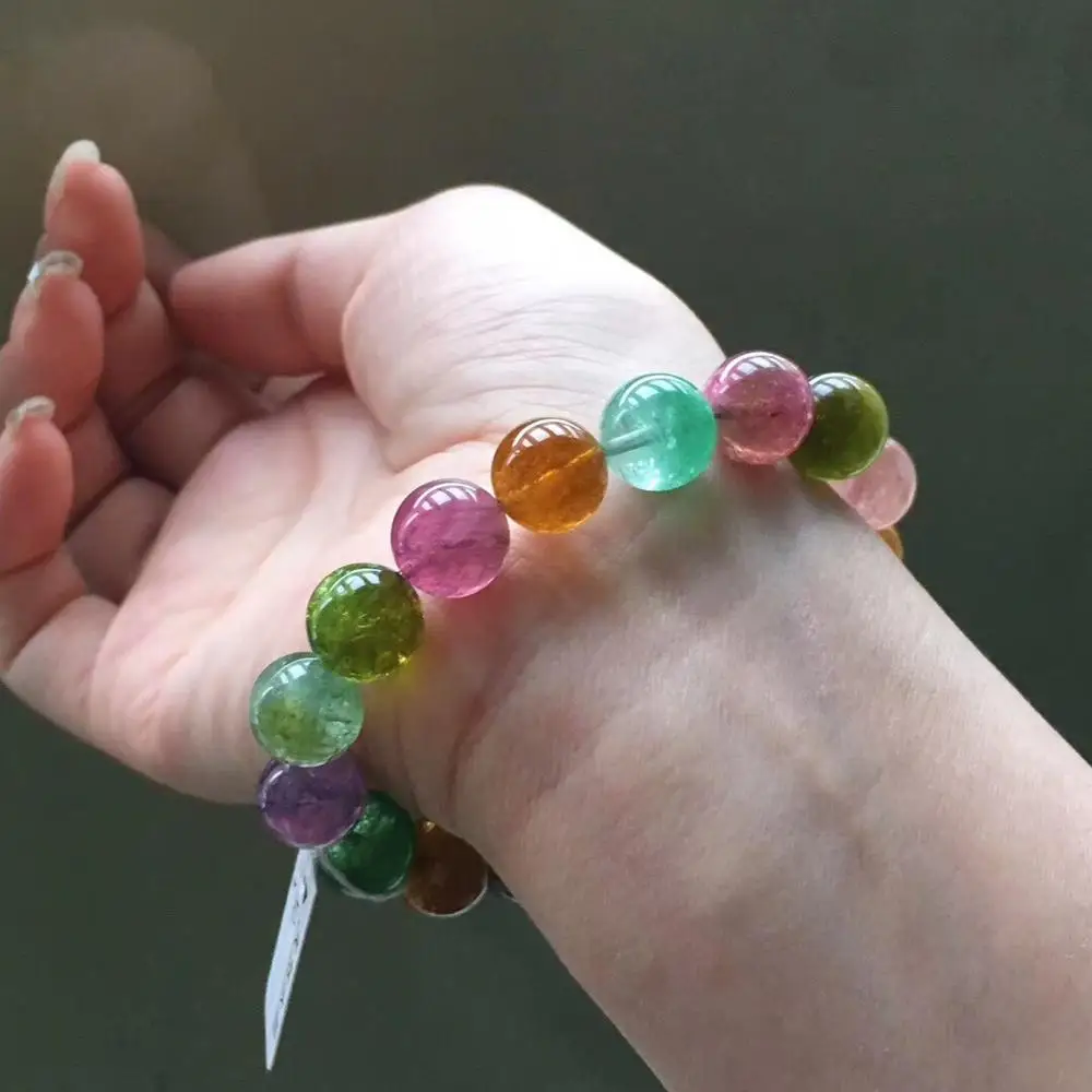 Сертификат натуральный красочный Турмалин радужные прозрачные круглые бусины браслет 12 мм Бразилия для женщин мужчин ювелирные изделия из кристаллов AAAAAA