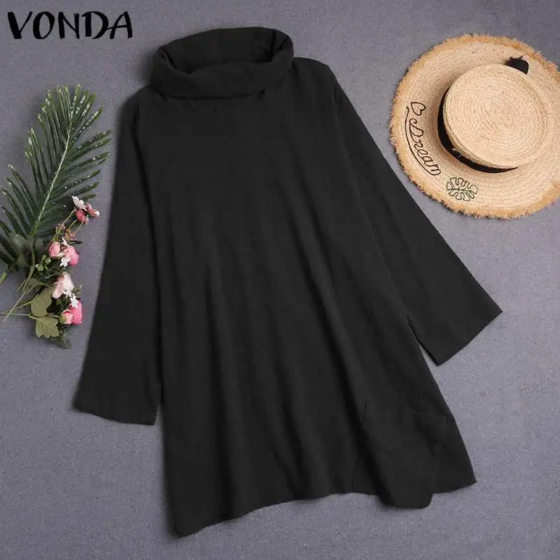 

VONDA Autumn Long Sleeve Blouses And Tops Casual Solid Color Turtle Neck Shirts Femme Party Evening Bohemian Pregnancy Blusas