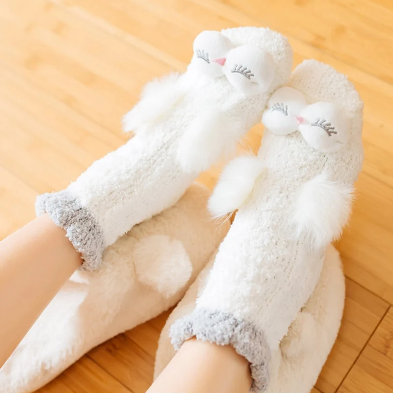 Домашняя женская теплая мягкая кровать для девочек, носки-тапочки, милая сова, кролик, утолщенные повседневные носки, Зимние удобные женские домашние носки
