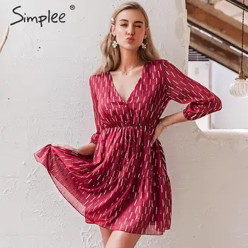 

Simplee Women v neck ruffled dress Striped print high waist lantern summer dress Casual holiday long sleeve spring party dress