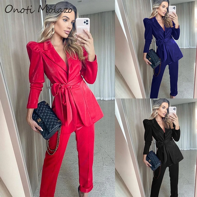 

women suits office sets long sleeve sashes robe blazer jacket pants suit 2 pieces set tracksuit ladies business wear winter 2020