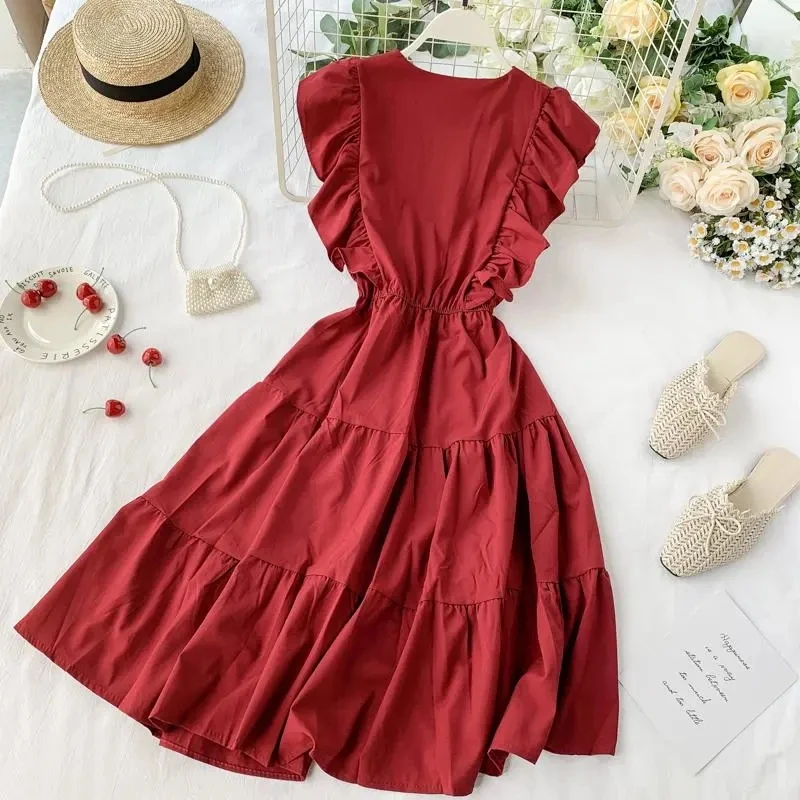 Elegant Women Midi Dress Fashion Summer Button A Line Sleeveless Ruffles Button High Waist Female Beach Vestidos New