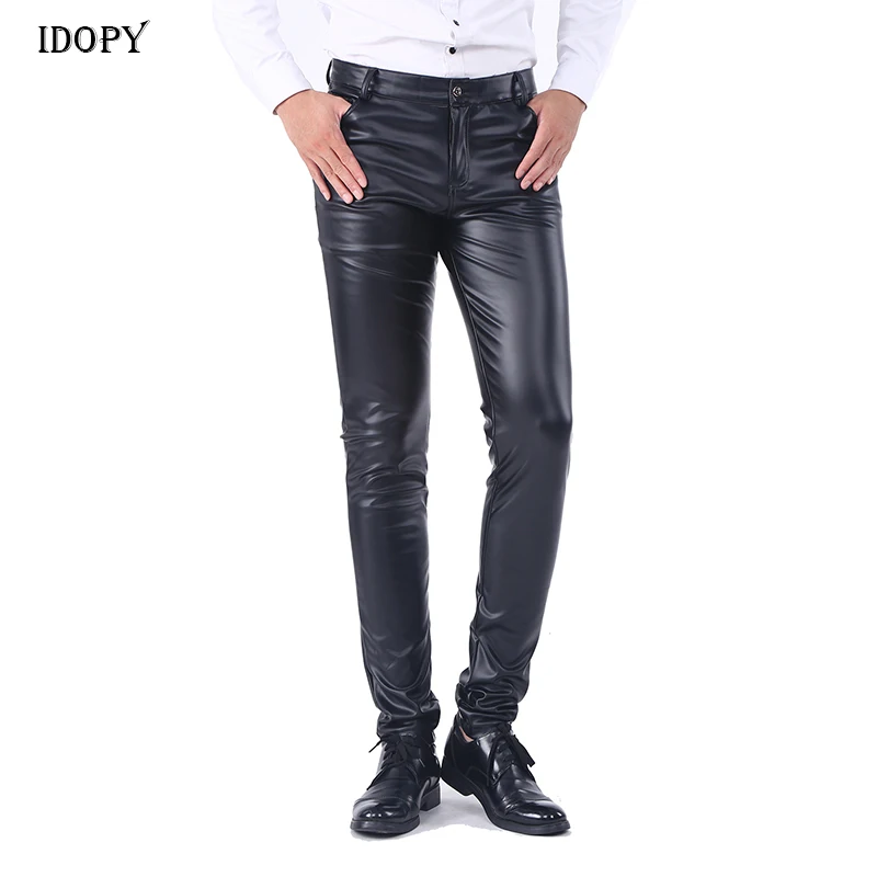 

Idopy Men`s Faux Leather Pants Stretchy Black Slim Fit Motorcycle Business Casual Velvet Lined PU Leather Trousers For Male