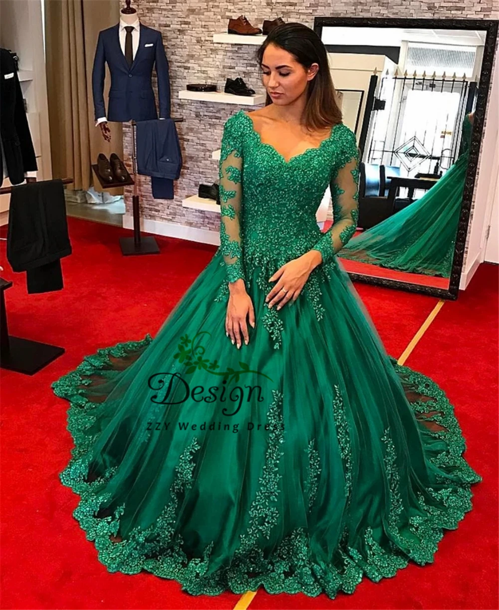 Vestidos de 15 anos quinceanera 2019 бальное платье с длинными рукавами и глубоким v-образным вырезом и аппликацией из тюля на шнуровке с длинными рукавами