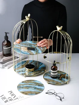 

Nordic ins wind creative iron bird cage double-layer dessert table cake tray fruit basket fruit plate glass rack