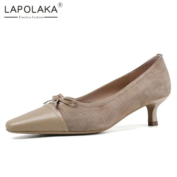 

Lapolaka New Arrivals 2020 Genuine Cow Leather Thin Heels Office Lady Pumps Woman Shoes Slip-On Bowtie Career Shoes Women Pumps