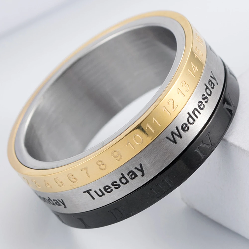 Men's Finger Rotatable Calendar Anxiety Male Ring Time Week Date Numerals Fashion Black Spinner Rings For Men Treatment Fidget fidget rings finger rings jewelry rings ring jewelry