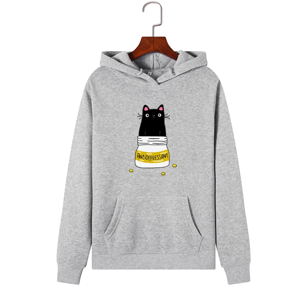 SINGRAIN Winter Women Cat Hoodies Female Large Size Streetwear Cartoon Cute Funny Cat Print Warm Hooded Sweatshirt polerones - Color: gray