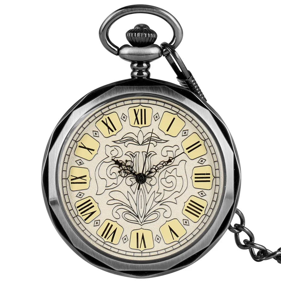 

Retro Flower Roman Numerals Display Open Face Manual Pendant Clock Antique Black/Silver Mechanical Hand Winding Pocket Watch