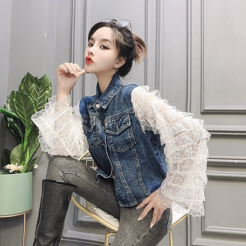 

2020 Short Vintage Lace Patchwork Washed Denim Jacket Women Spring Autumn Slim Jean coats Female Casual Jacket Crop top surcoat