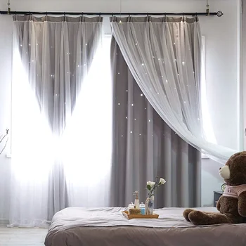 

Layers Hollow Out Stars Curtains Hookless Double Fabric and Gauze Drapes Blinds (Grey)