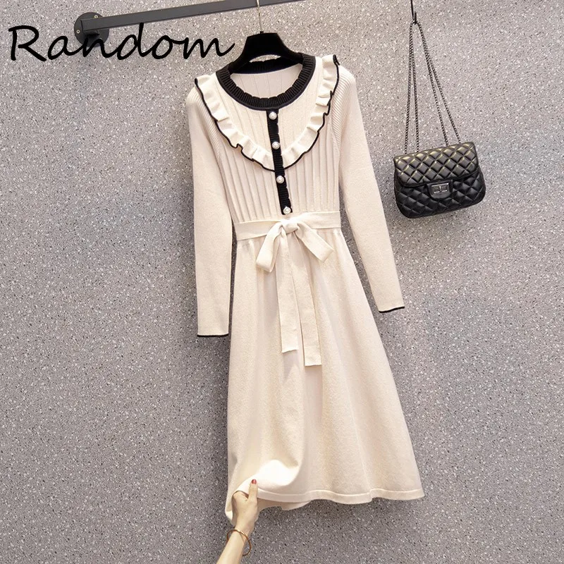 

Plus Size Cloth Black Knitted Autumn Winter Ruff O Neck Sweater Dresses Fashion Women Long Sleeve Thick Warm Sashes Party Dress