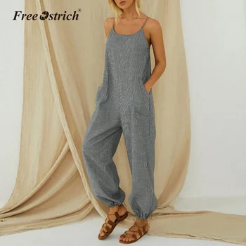 

Free Ostrich Fashion Summer Jumpsuits Women Overalls Casual Straps Wide Leg Rompers Solid Pockets Loose Playsuits Female