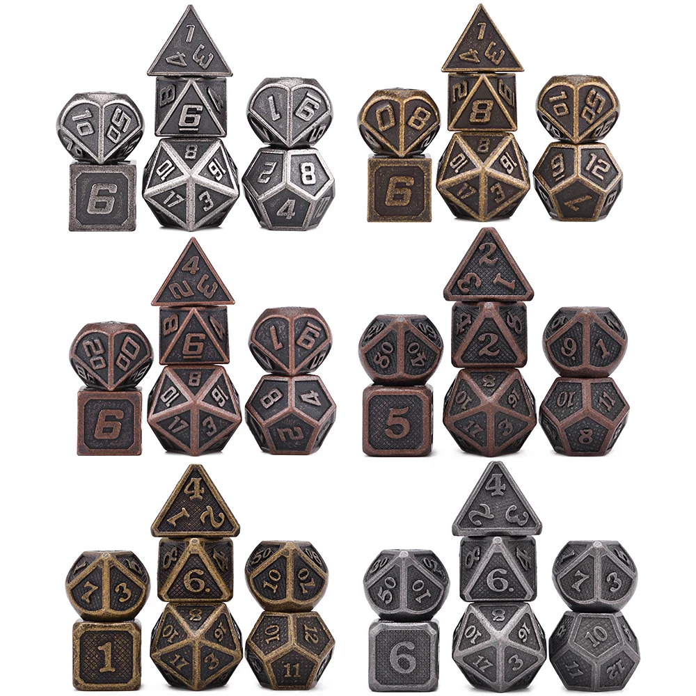 Polyhedral Metal Dice Set of 7 with Black Bag for RPG DnD Games Ancient Copper,Gold,Silver