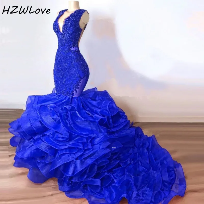 

Royal Blue Mermaid Prom Dresses Long Ruched Deep V Neck Appliques Beads African Evening Dress Long Sexy Back Dubai Party Gowns