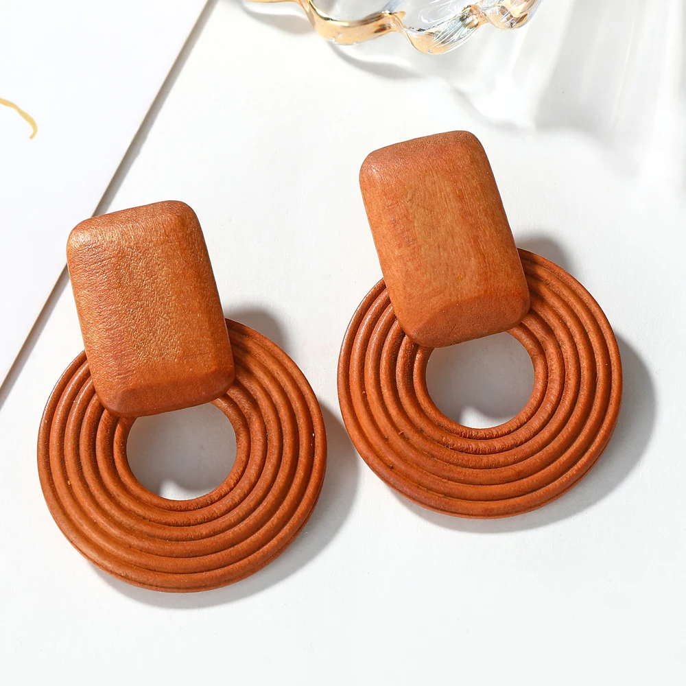 Korea Handmade Wooden Straw Woven Rattan Vine Braid Women Earrings Geometric Large Circle Long Drop Earrings