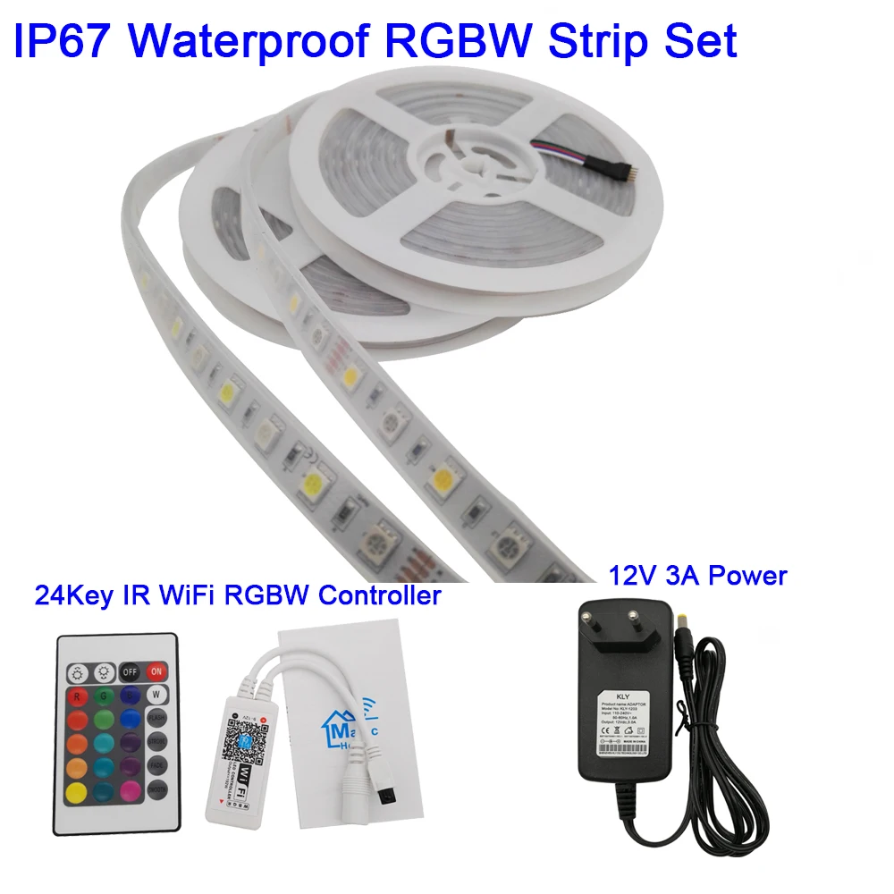 White PCB IP67Set DC12V 5050 LED Strip RGBW RGBWW 60LEDs/m 5m with mini 24Key IR WiFi Controller 3A Power Supply LED Strip Set Support APP Control - Испускаемый цвет: White PCB IP67Set