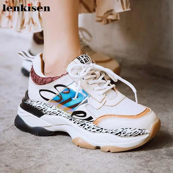 

Lenkisen hot young lady preppy style thick bottom lace up sneaker round toe high heels daily wear autumn vulcanized shoes L25