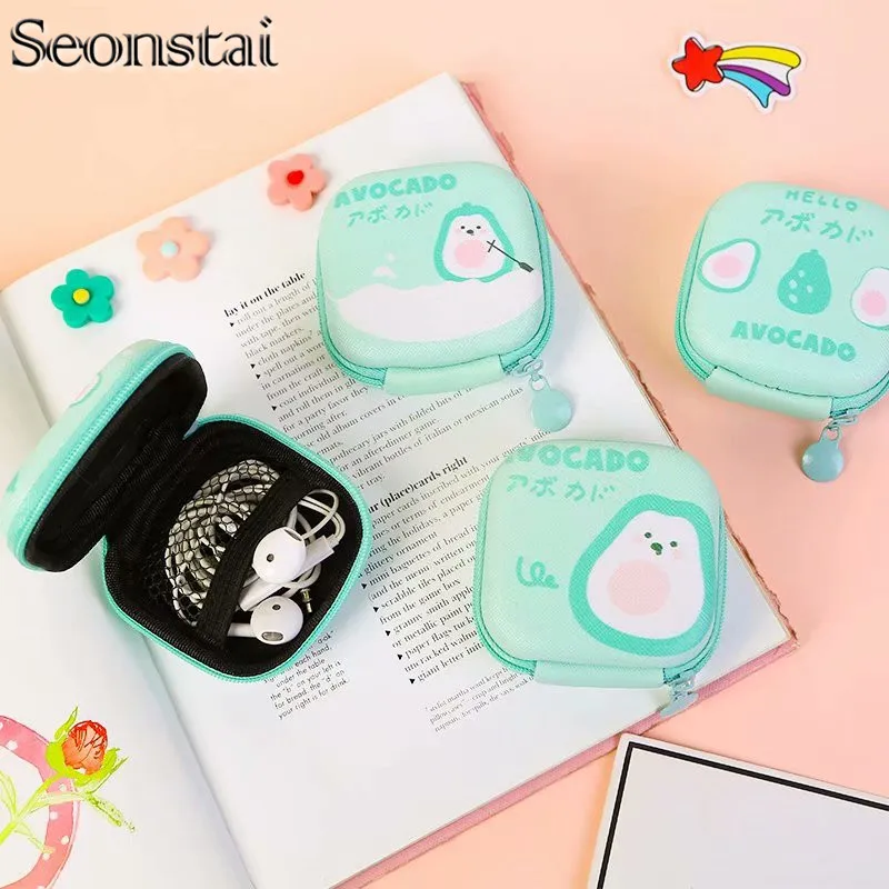 

Cartoon Mini Zipper Hard Headphone Case Portable Earbuds Pouch box PU Leather Earphone Storage Bag Protective USB Cable Organize