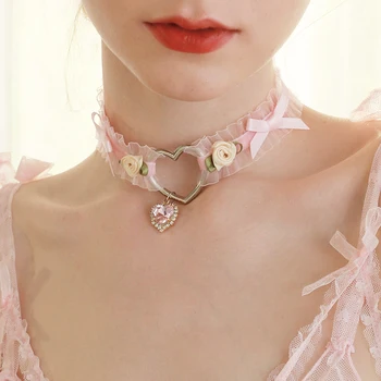 

Harajuku Vintage Soft Lolita Girl Heart Handmade Bow Rose hollow out heart Retro Necklace Taking pictures Accessories