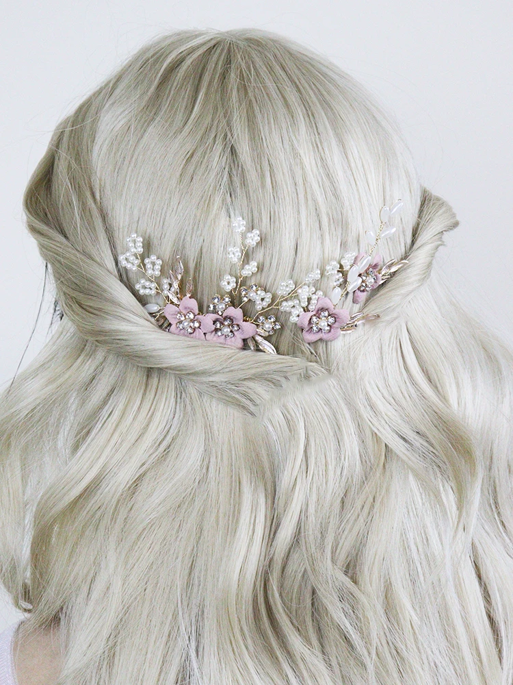 Romantic Wine Red Pink Flower Hair Comb and Hair Pin 3PCS Head Jewelry Bride Headdress for Party Wedding Bridal Accessories