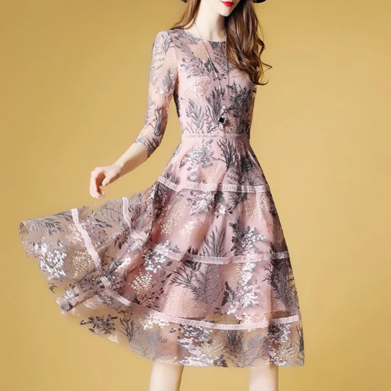 

2018 New Style Spring Clothing Elegant Gauze Full Body Dress Embroidery Big Hemline Women's Dress Formal Dress Medium-length Dre
