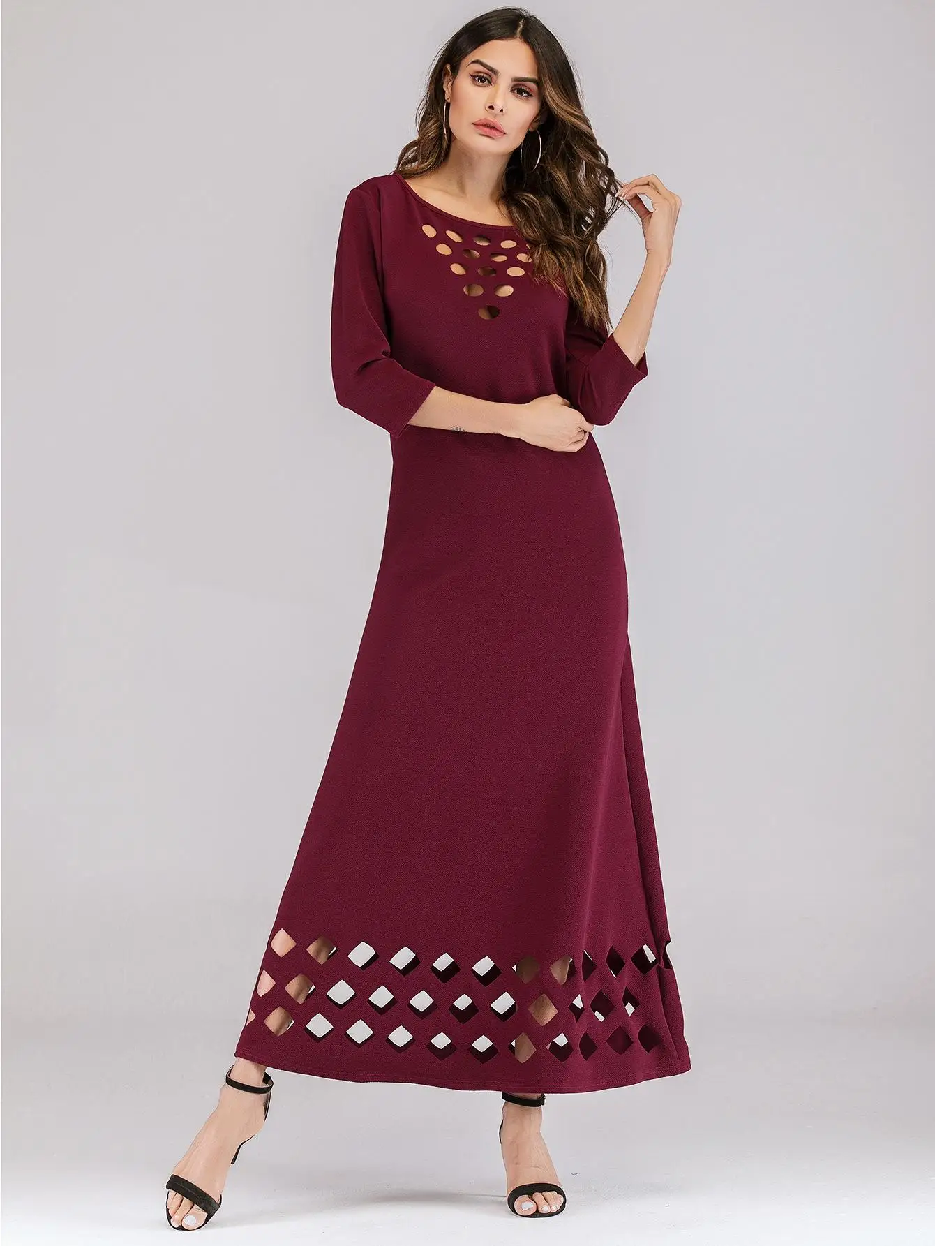 Модное женское осеннее платье макси abaya с рукавом 3/4, повседневный кафтан, платье с круглым вырезом в Дубае, повседневное женское платье Макси