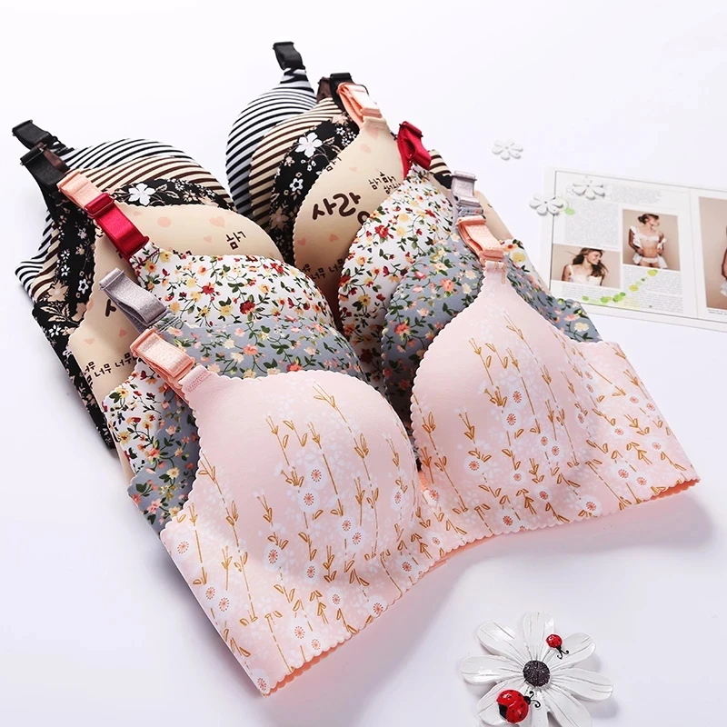 

New Style Women Flower Print Seamless Bra Sexy Lingerie Floral Brasserie Push Up Bras One-Piece Underwear Female Summer