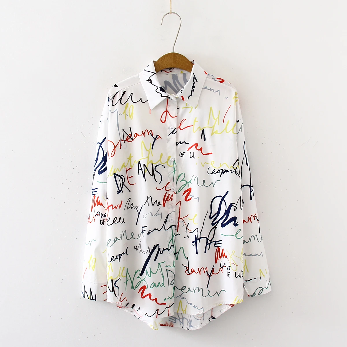  ew Arrival Letter Print Turn-down Collar Ovesize Long Blouse Button Up Casual Loose White Black Shi