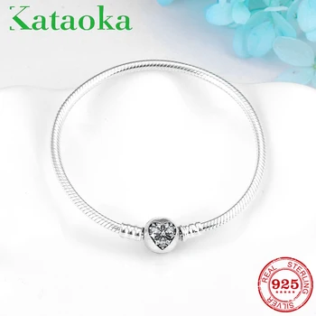 

Love heart Snowflake Fashion Women Flexible Bracelets Bangles Real 925 Sterling Silver Crystal CZ snake bone chain Jewelry 2018