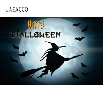 

Laeaco Vinyl Backdrop Photography Happy Halloween Dark Moon Bat Wizard Baby Cartoon Party Decor Photo Background Photostudio