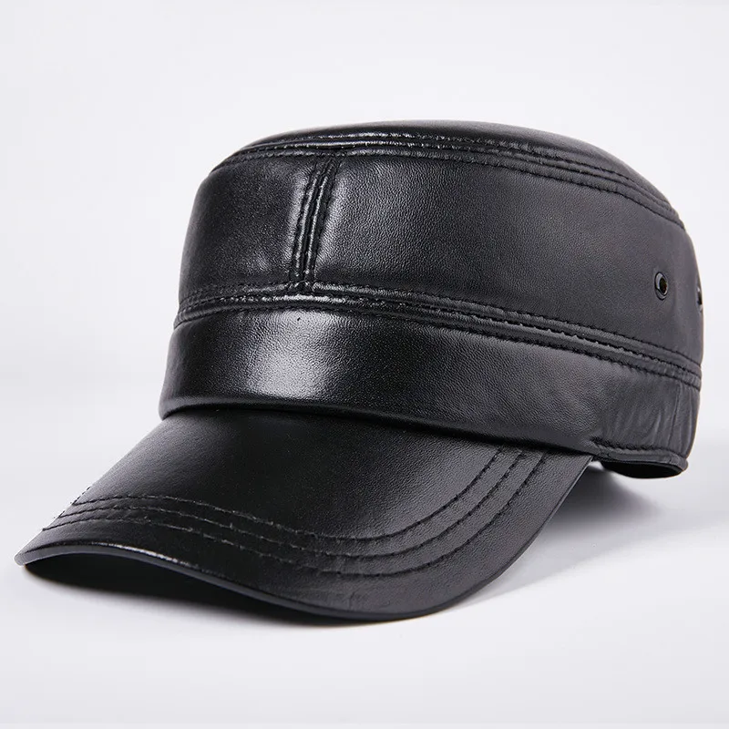 

H7629 Sheepskin Genuine Leather Military Hat Autumn Winter Korean Thin Men Casual Flat Top Black Cap Male Outdoor Fashion Hats