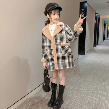 

Children Winter Overcoat Teenage Girl Long Sleeve Lapel Plaid Fur Coat Thicken Velvet Outerwear Fashion Warmth Long Kids Jacket