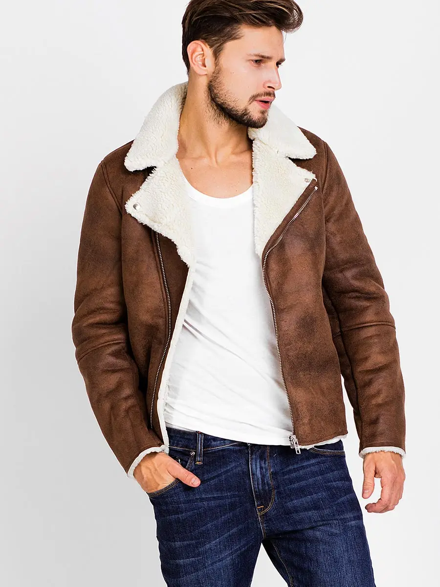 Suede Motorcycle Jacket Men Winter Fashion Brown Faux Leather Jackets Coats Man Fleece Outwear Casual Basic Coat Clothes