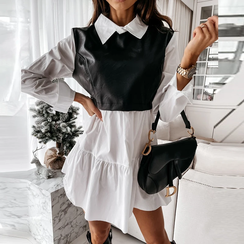 Vestido a cuadros de manga larga para mujer, vestido de retazos de cuero PU, a la moda, con cuello vuelto, para oficina y primavera