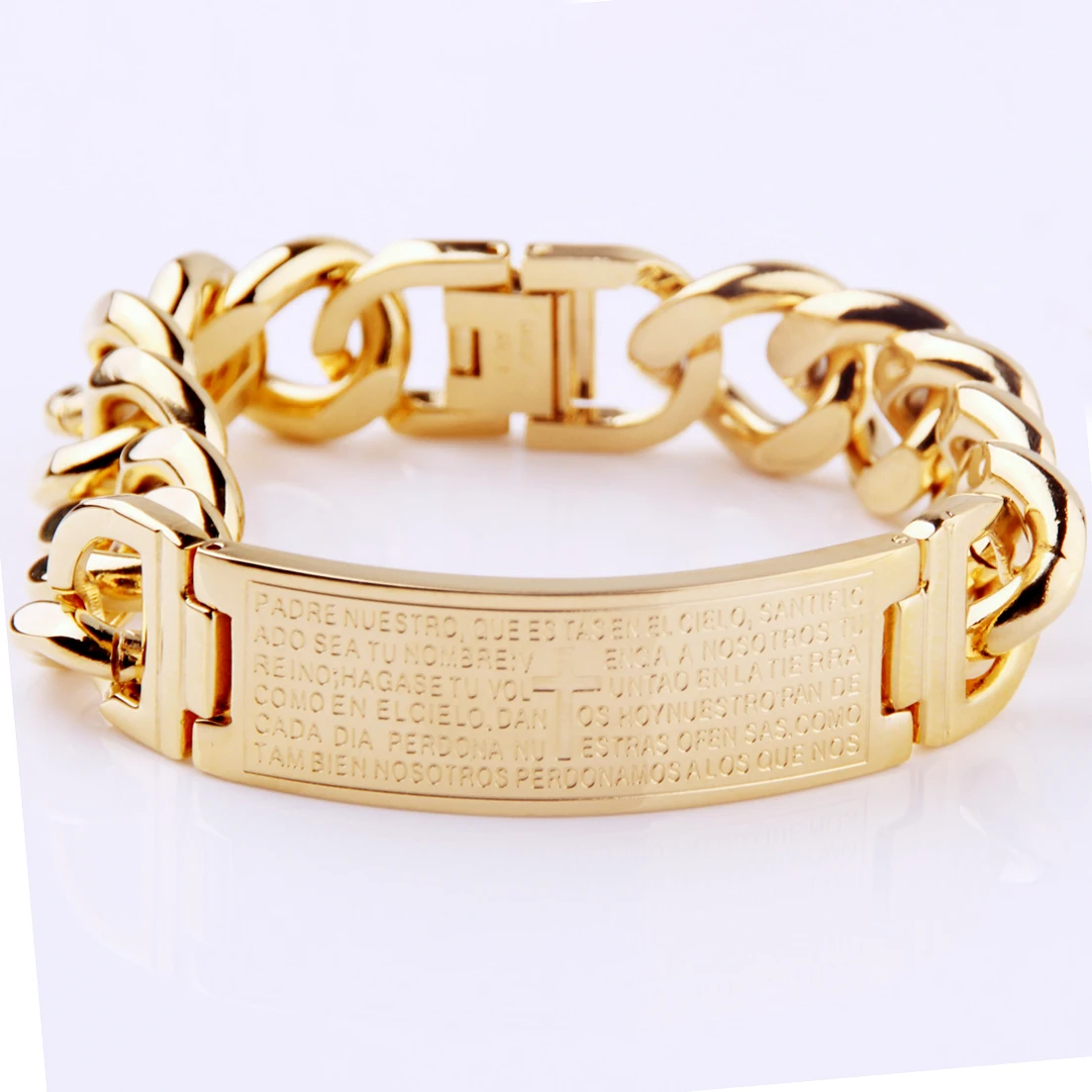 Уникальный двойной кубинский браслет-цепочка панк Мужской крестик позолоченный браслет из нержавеющей стали ID широкий браслет для мужчин ювелирные изделия Pulseras