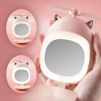 

Portable Fan Creative Cartoon Beauty Makeup Mirror Lamp Fan Handheld Portable Usb Charging Small Fan Led Student Gift