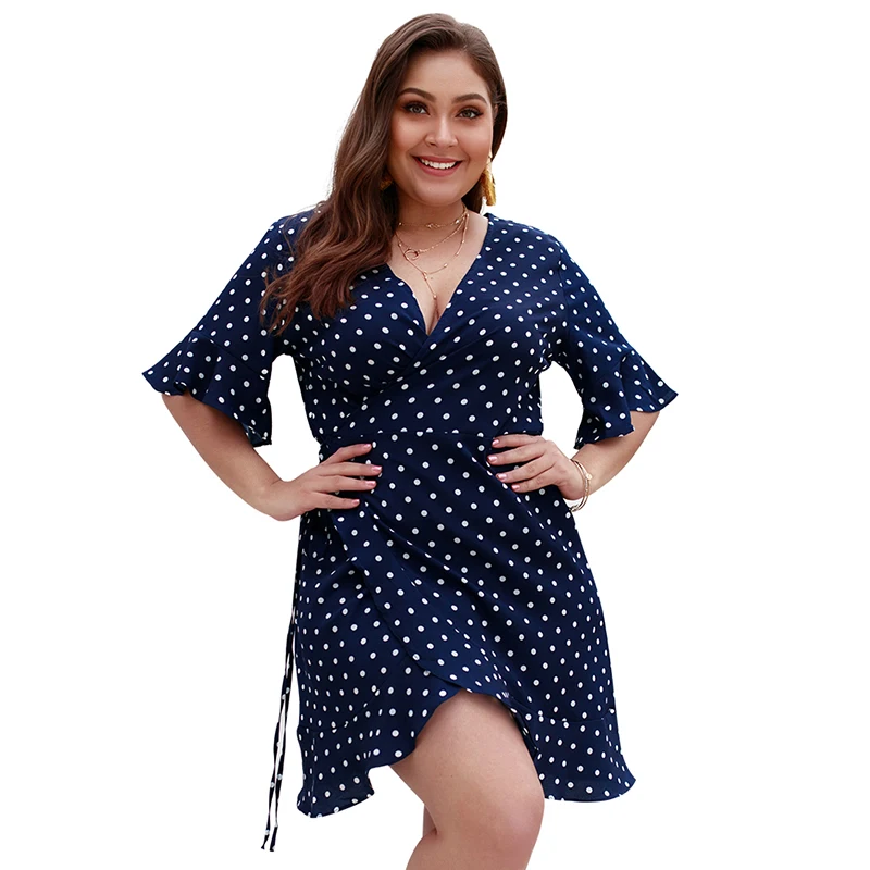 Navy Blue dress Женское платье в горошек с запахом; сезон весна-лето; сексуальное платье с коротким рукавом и v-образным вырезом; женские платья на шнуровке; большие размеры - Цвет: Navy Blue dress