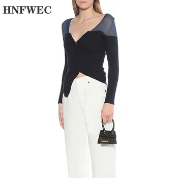 

2020 V-neck full sleeves knitting asymmetrical single breasted contrast colors slim pullover T-shirt female top U856
