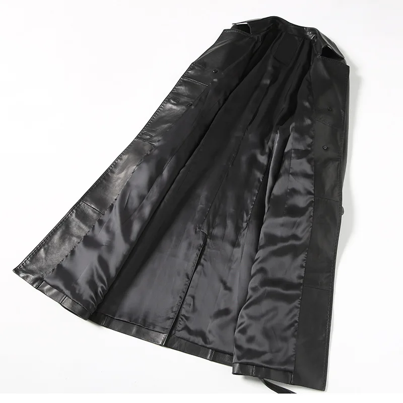 Элегантная куртка из натуральной кожи женская винтажная черная длинная ветровка подиумная Осенняя двубортная тонкая овчина Женская куртка