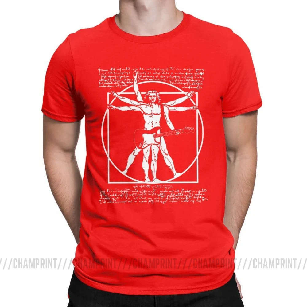 Мужская футболка с надписью «Vitruvian Man Playing The Guitar», «Da Vinci», «Guitarist», «Leonardo», забавная футболка, хлопковая футболка, одежда в подарок - Цвет: Красный
