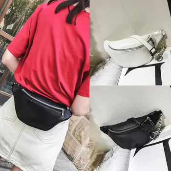 

2020 Women Waist Bag Fanny Pack Solid PU Bag Belt Purse Chains Female Fashion Zipper Small Purse Phone Key Pouch Chest Bag @A