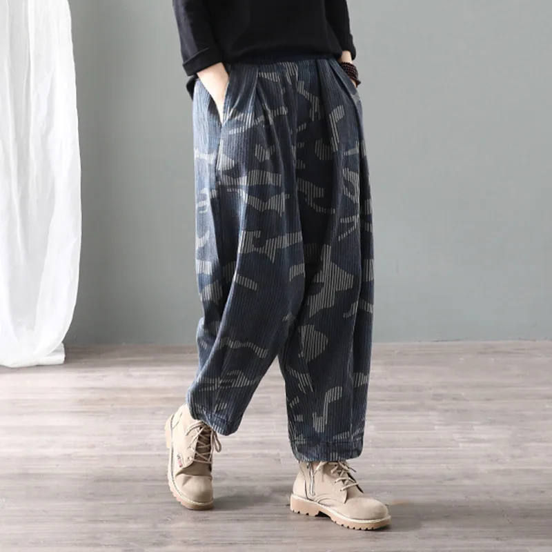 

Women Jeans Autumn Large size Loose Retro Denim Pants 2019 New Elastic Waist pocket Print Striped Casual Ladies Denim Trousers