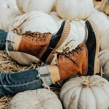 Pathckwork/Повседневные ботильоны из искусственной кожи женские ботинки на шнуровке Женская Повседневная прогулочная обувь на низком каблуке зимние ботинки в стиле ретро Botas Mujer