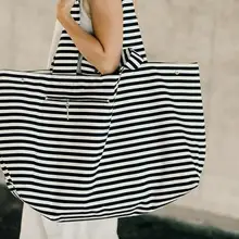 Большая холщовая модная прочная женская сумка на плечо в черно-белую полоску, хозяйственная сумка из льна и хлопка, хозяйственные сумки