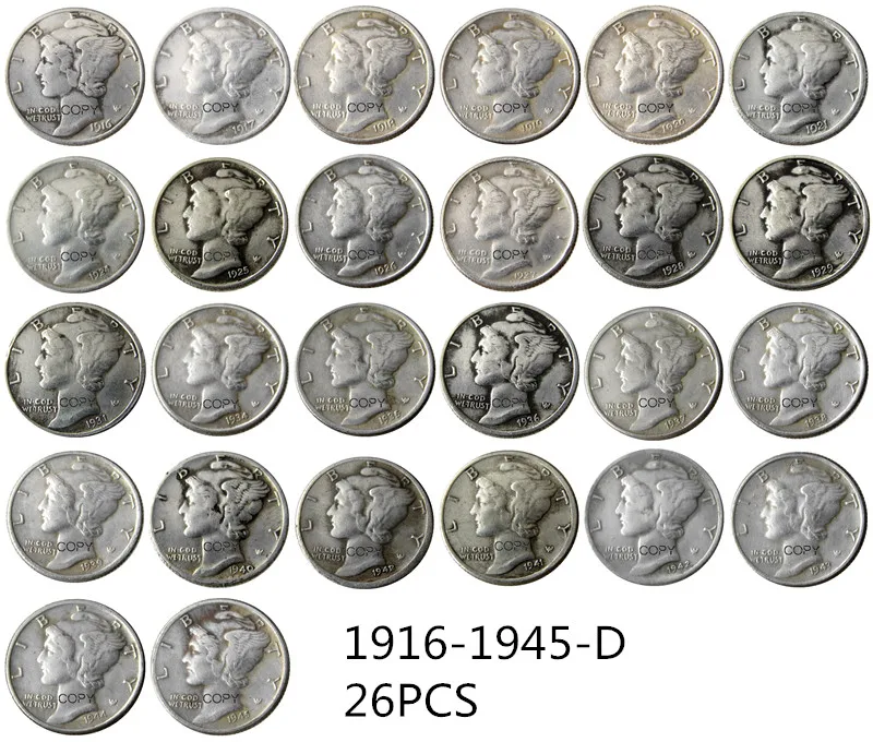 США 1916-1945 ОСЧС 79 шт. ртутная головка десять центов(Dimes) Посеребренная копия монеты