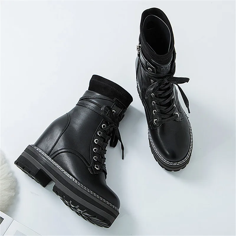 Skup RASMEUP 2019 Fashion Style skóra jesień wysokość zwiększenie kobiet Chunky buty buty damskie platformy trampki Martin buty