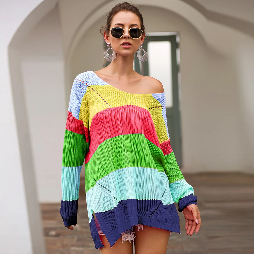 

Joineles Autumn Winter Colorful Rainbow Women Sweaters Drop Shoulder Loose Female Pullovers Color Block Casual Knit Jumper Tops
